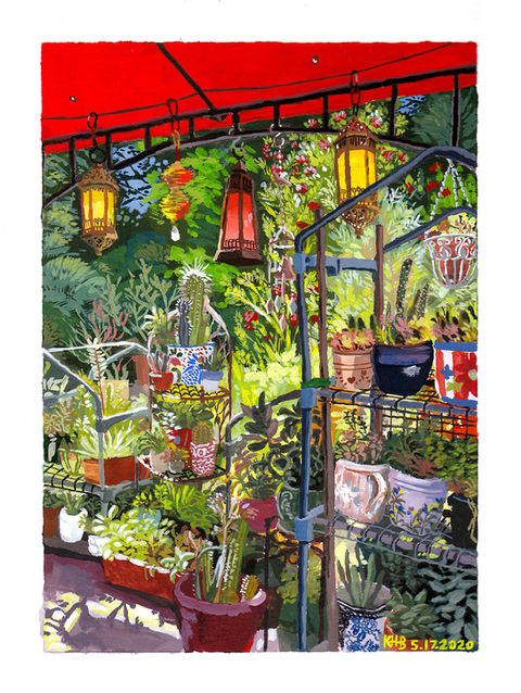 A gouache painting of a garden full of succulents.