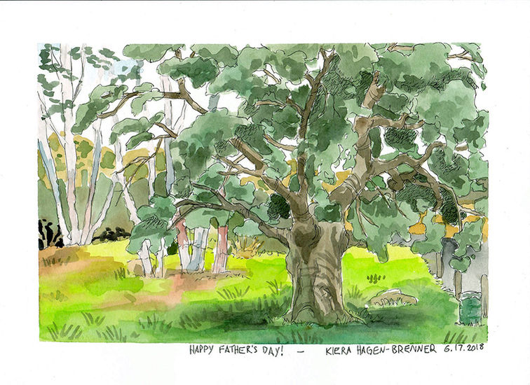 A watercolor painting of a large oak tree.