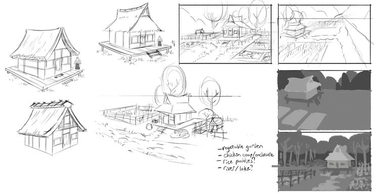 Concept sketches for an old Japanese-style farmhouse with a thatched roof and an elevated wooden foundation. There are also drawings of what that house might look like on a farm nestled in the mountains. Made in Adobe Photoshop.