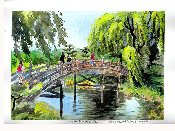 A watercolor painting of several people crossing a Japanese bridge over a pond.