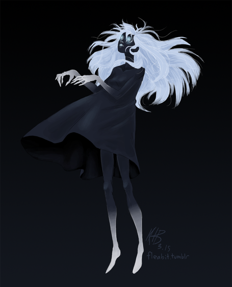 A female figure with long, flowing white hair and ink-black skin is suspended in a black void. Her dress, which flows around her, becomes part of her body. Her skin gradually fades to white at her hands and feet. Made in Adobe Photoshop.