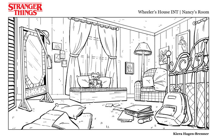 Nancy Wheeler's room from the TV show Stranger Things, drawn in a cartoon style. It shows a window with curtains tied up, a standing mirror, a plush armchair in the corner, and a bed with a decorative metal bed frame. School supplies and a sleeping bag are on the floor. Made in Adobe Photoshop.