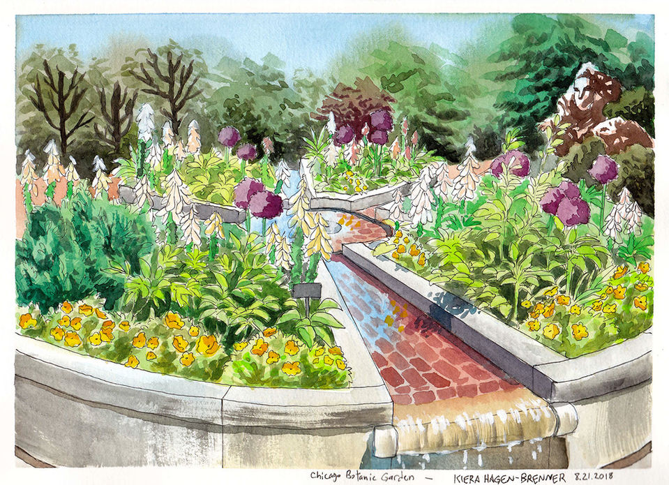 A painting of a fountain with flower planters incorporated into it.