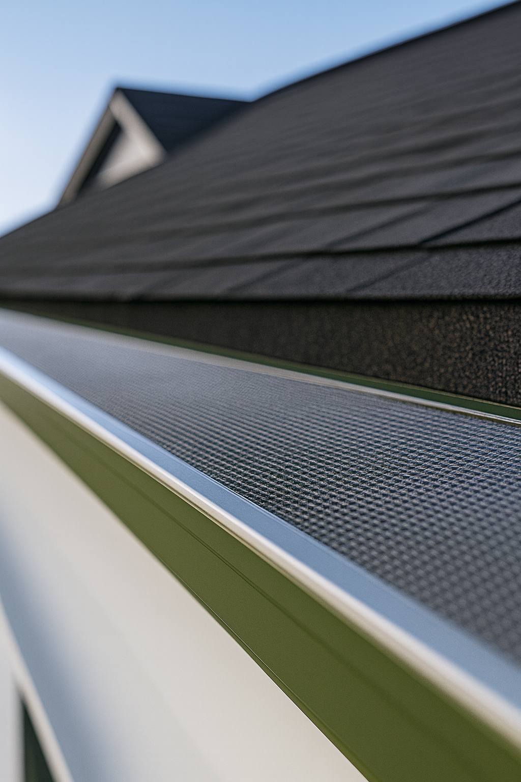 Detailed view of a hardened building envelope featuring an enclosed fiber-cement soffit assembly and a non-combustible metal gutter system integrated with a stainless steel micro-mesh ember screen.