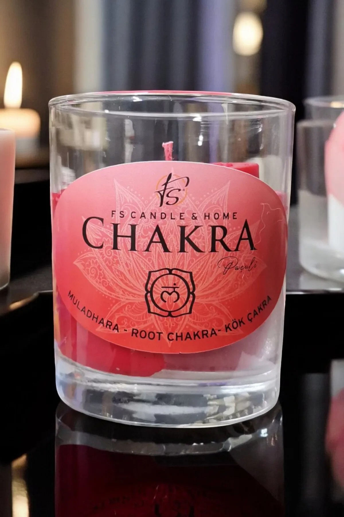 Kök Çakra Muladhara Paçuli Kokulu Cam Bardak Kırmızı Organik Soya Mumu