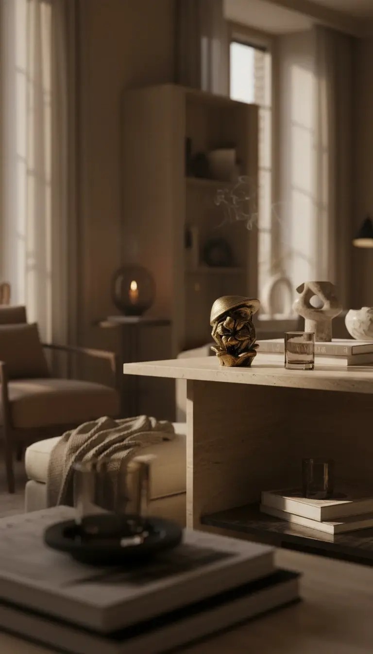Küçük resim: Floréon dekor objesinin coffee table üzerinde sergilendiği modern salon dekorasyonu
