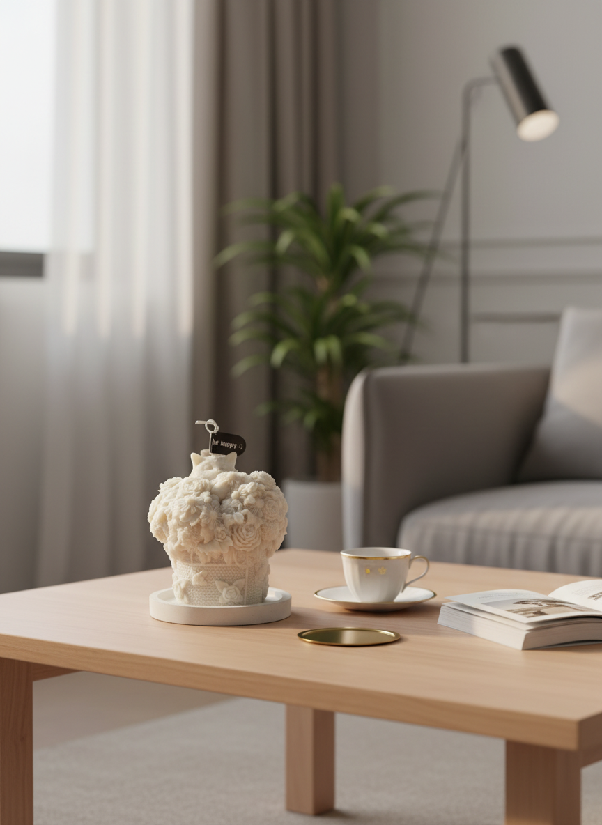 Küçük resim: Çiçek dokulu ve kedi figürlü BloomCat Saklı Mutluluk dekoratif mum yakın plan görünüm