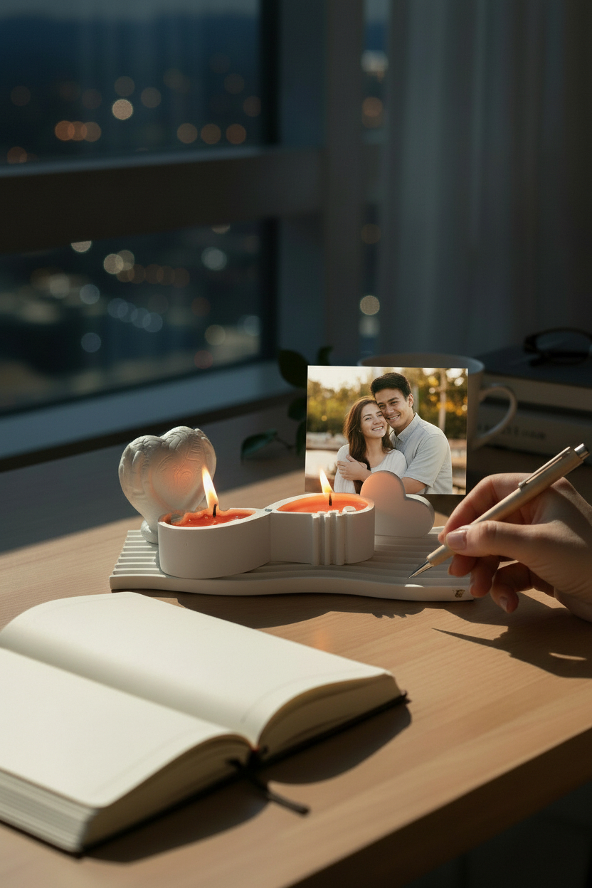 Küçük resim: Sevgililer Günü Hediyesi - You&Me Kokulu Mum, Fotoğraf Tutucu, Biblo, Tabak