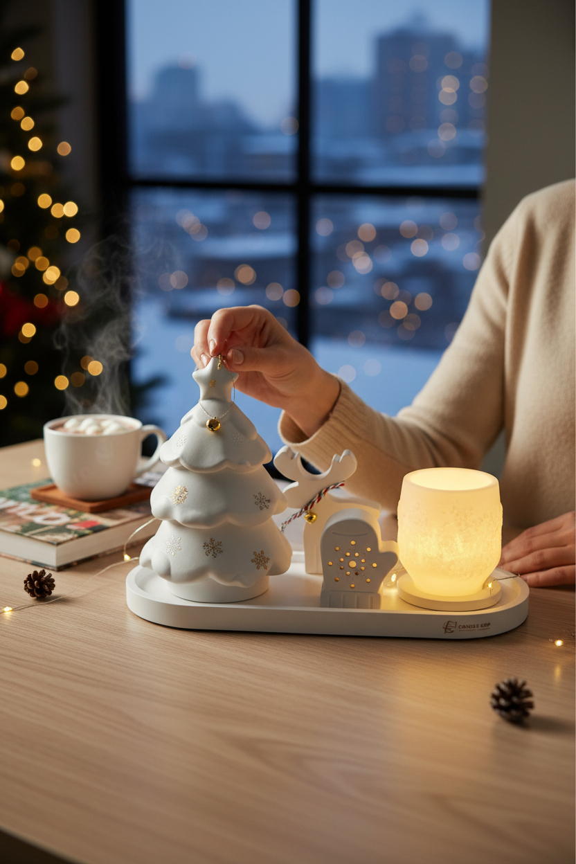 Fener Mumlu ve Yılbaşı Çam Ağacı Beton Mumluklu Dekoratif Yılbaşı Seti