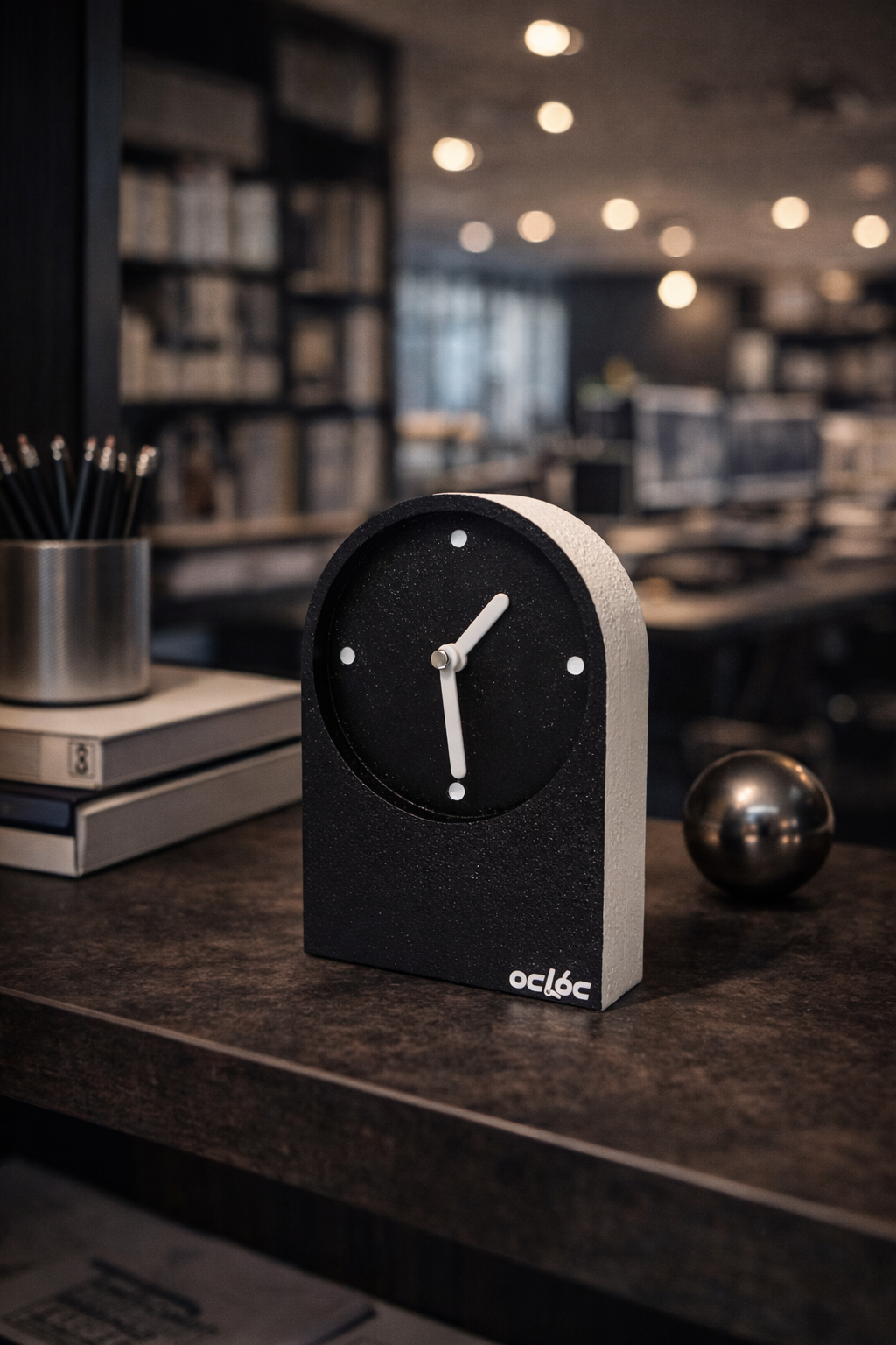 Siyah beyaz Oclóc beton masa saati ön görünüm