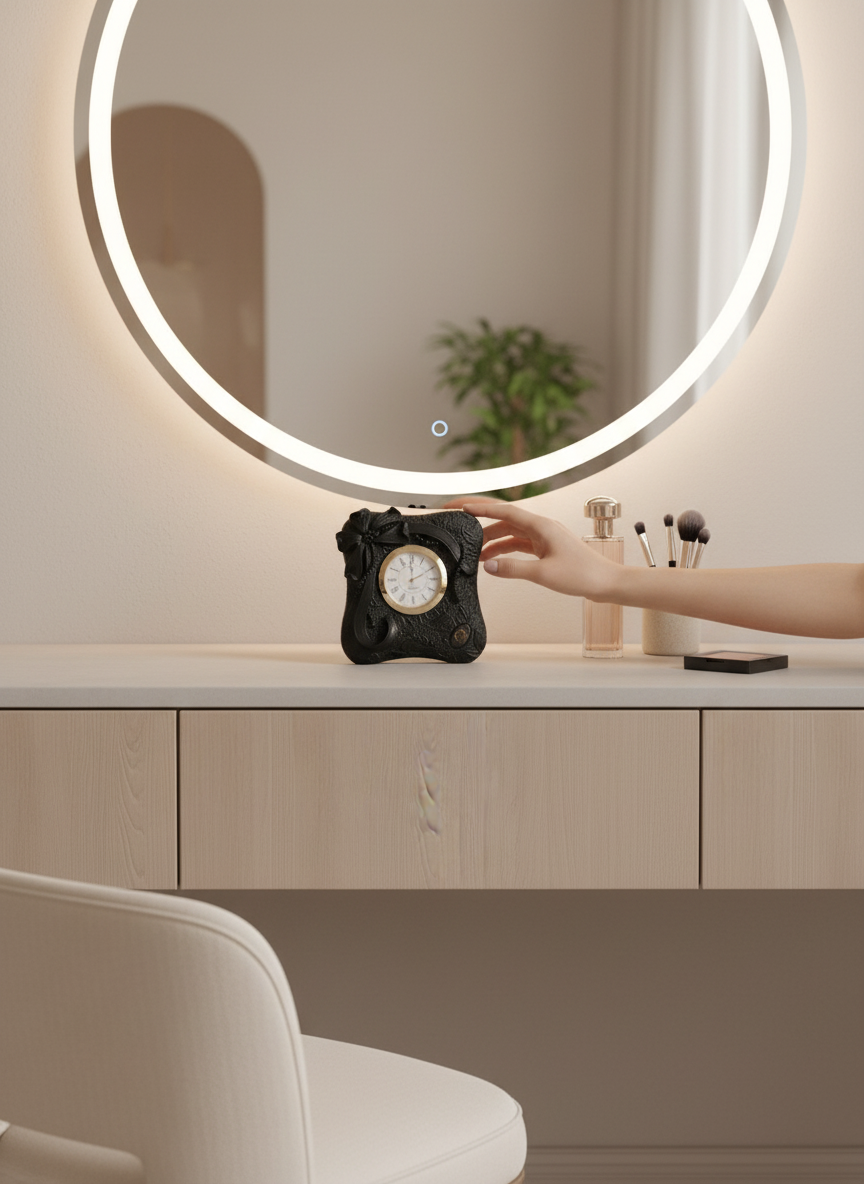 Küçük resim: Siyah Nakkash dekoratif beton saat makyaj masası üzerinde kullanım