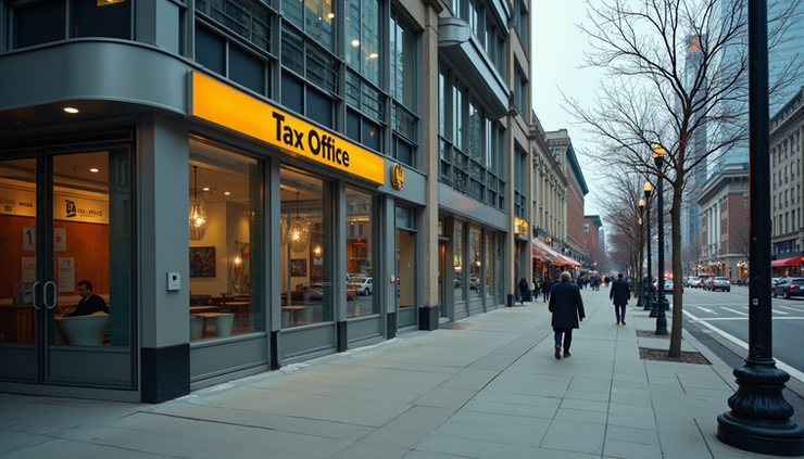 Eye-level view of a Toronto tax office building with clear signage
