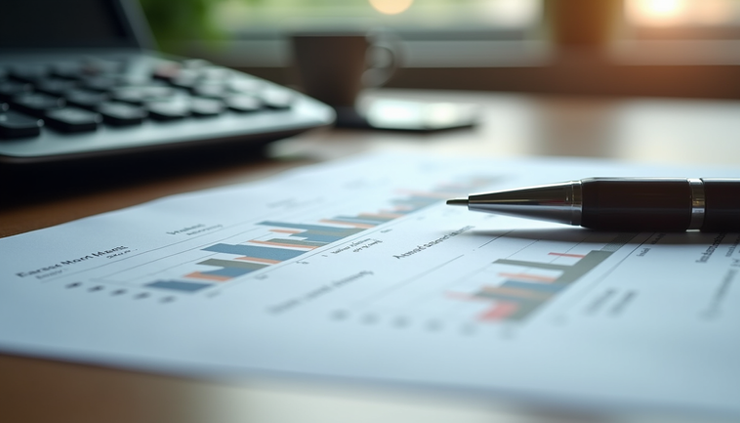Eye-level view of a neat workspace with bookkeeping documents and calculator on a wooden desk in North York