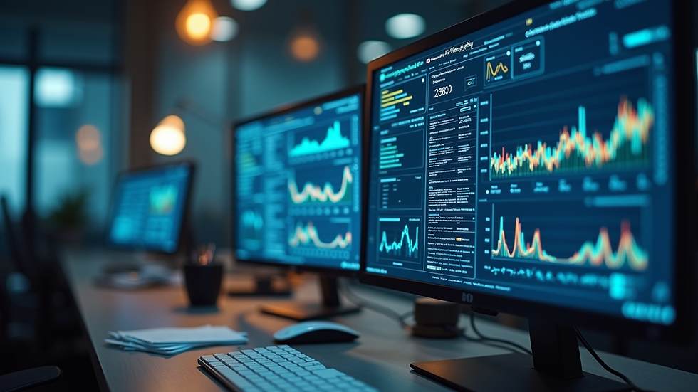 Eye-level view of a modern workspace with a digital dashboard displaying operational metrics