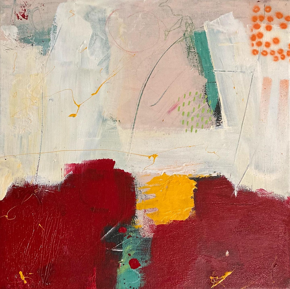 Colorful abstract triptych featuring expressive shapes, layered marks, and energetic circus-inspired movement.