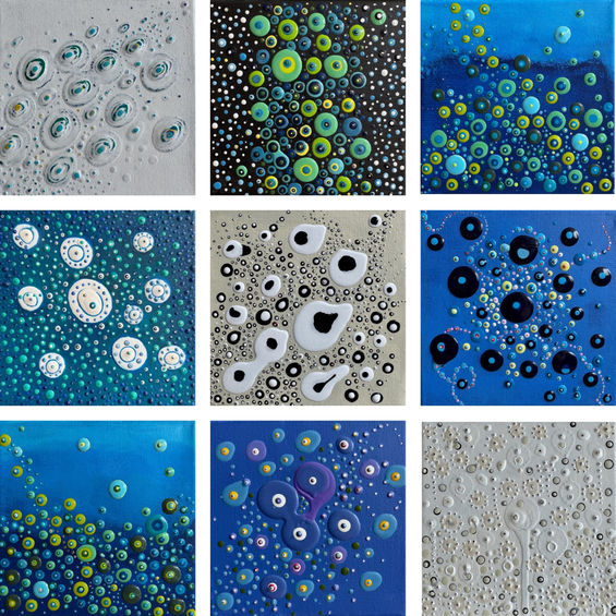 Lana Gordon, "Minis" mixed media on canvas, 6"x 6" panels.