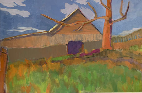 brown-colored barn with tree, grass, and sky