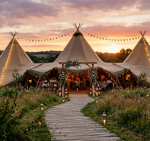 Outdoor tipi event hire at sunset in a flower field.