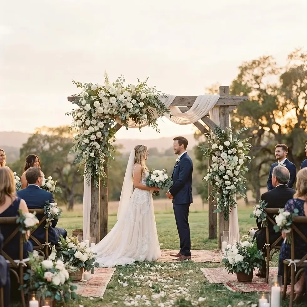 Outdoor photography of a wedding ceremony at golden hour. The bride and groom exchange vows before a floral arch with guests seated.