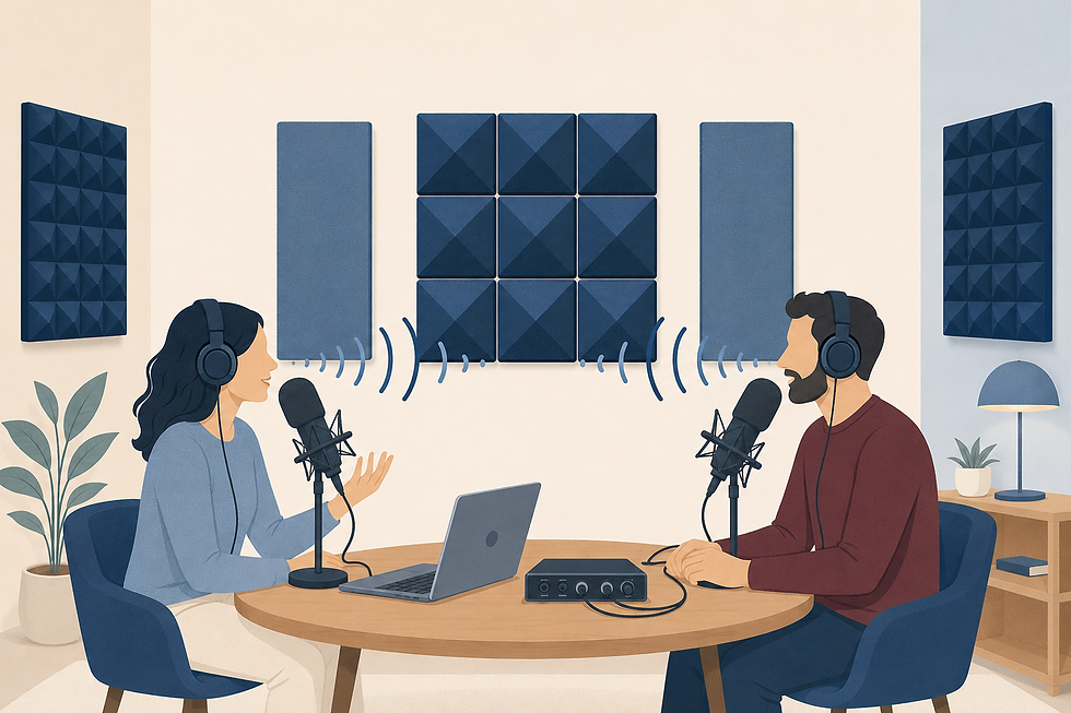Ηχοαπορροφητικά πάνελ Ricofon σε podcast room για μείωση αντήχησης και καθαρότερη ηχογράφηση φωνής