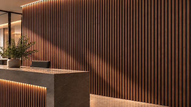 Harmonius Wooden Board ηχοαπορροφητικό πάνελ ξύλου με λεπτές κάθετες λωρίδες σε επαγγελματικό χώρο