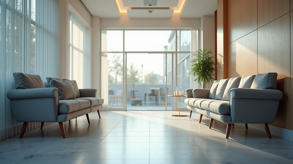 Eye-level view of a modern clinic waiting room with comfortable seating