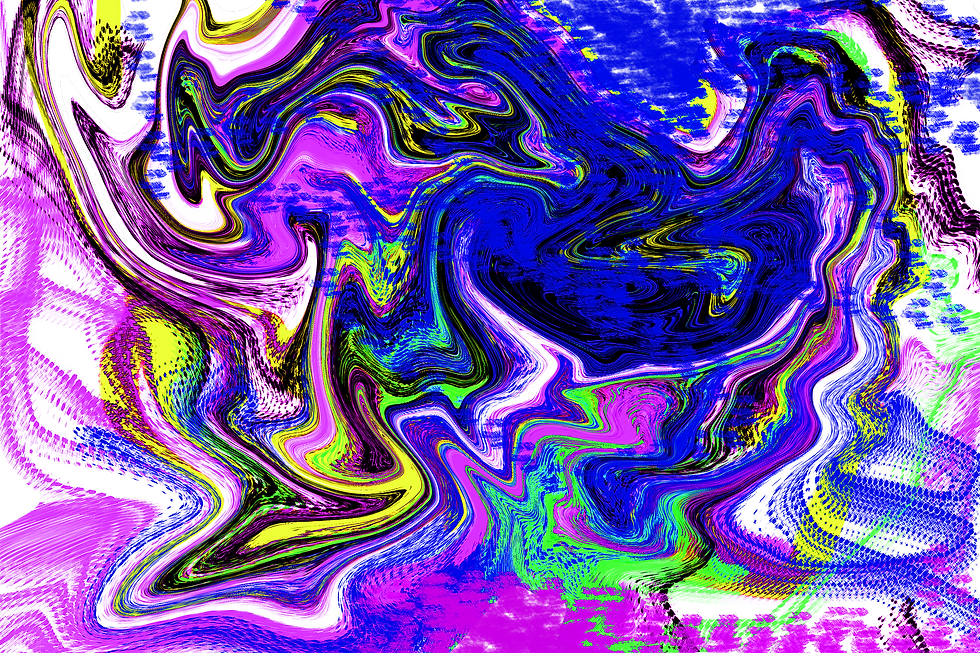 Rhythmic swirls of blue and yellow dance on brushed aluminum and acrylic.