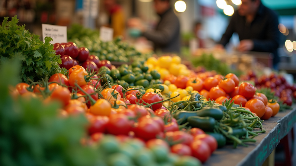 Eye-level view of a vibrant vegetable market stall with colourful produce