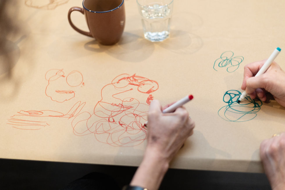 Two people participating in blind contour drawing on brown paper with markers.