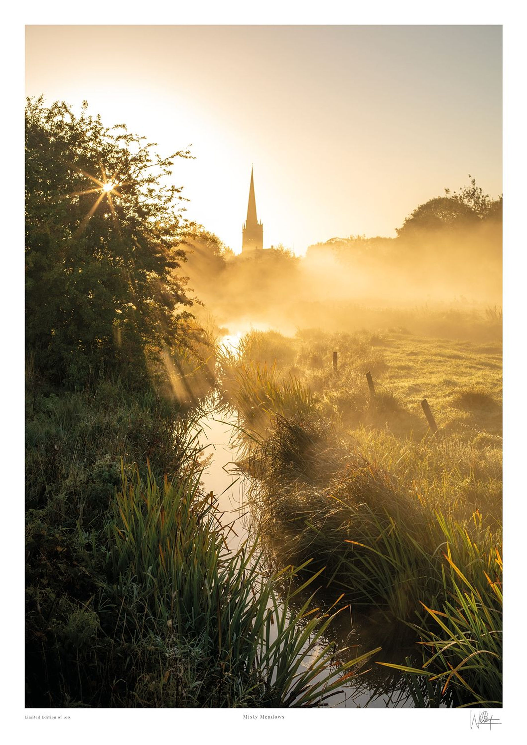 Limited edition fine art landscape print of a misty sunrise over Burford water meadows in the Cotswolds by Will Gray