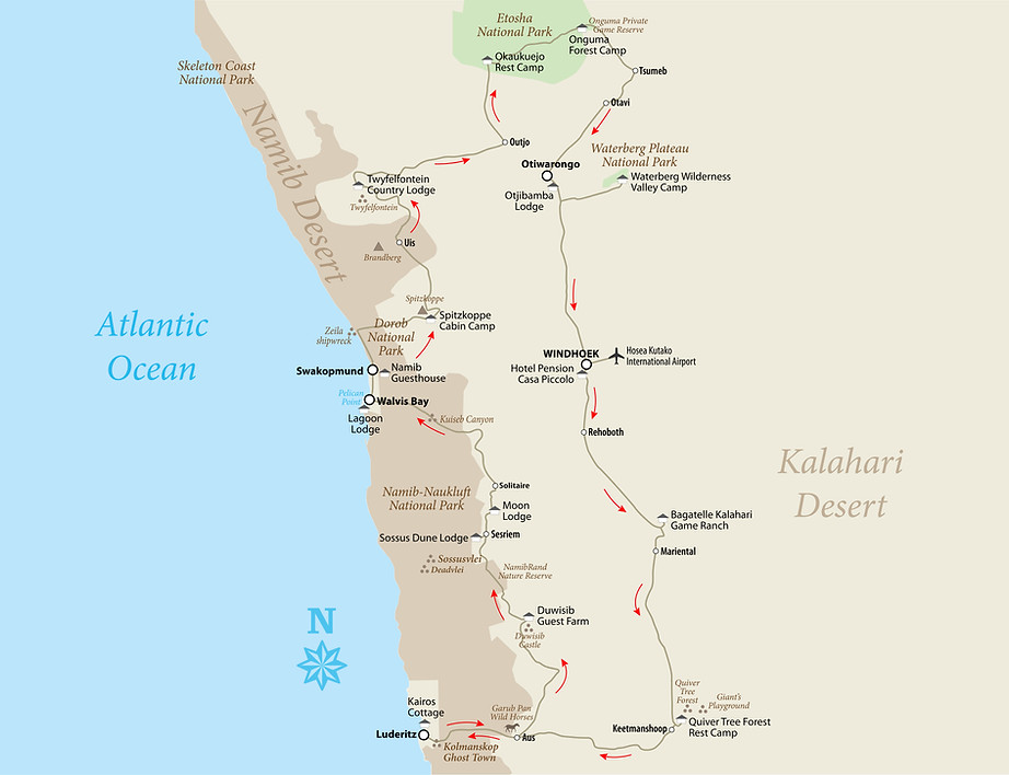 A map showing the route, highlights and accommodation on Will Gray's Namibia Photography Adventure. Starting in Windhoek, travel clockwise around the country, visiting the Quiver Tree Forest, Luderitz and Kolmanskop, Sossusvlei, Deadvlei and the Namib Desert, Walvis Bay, Swakopmund, Spitzkoppe, Twyfelfontein and Etosha National Park.