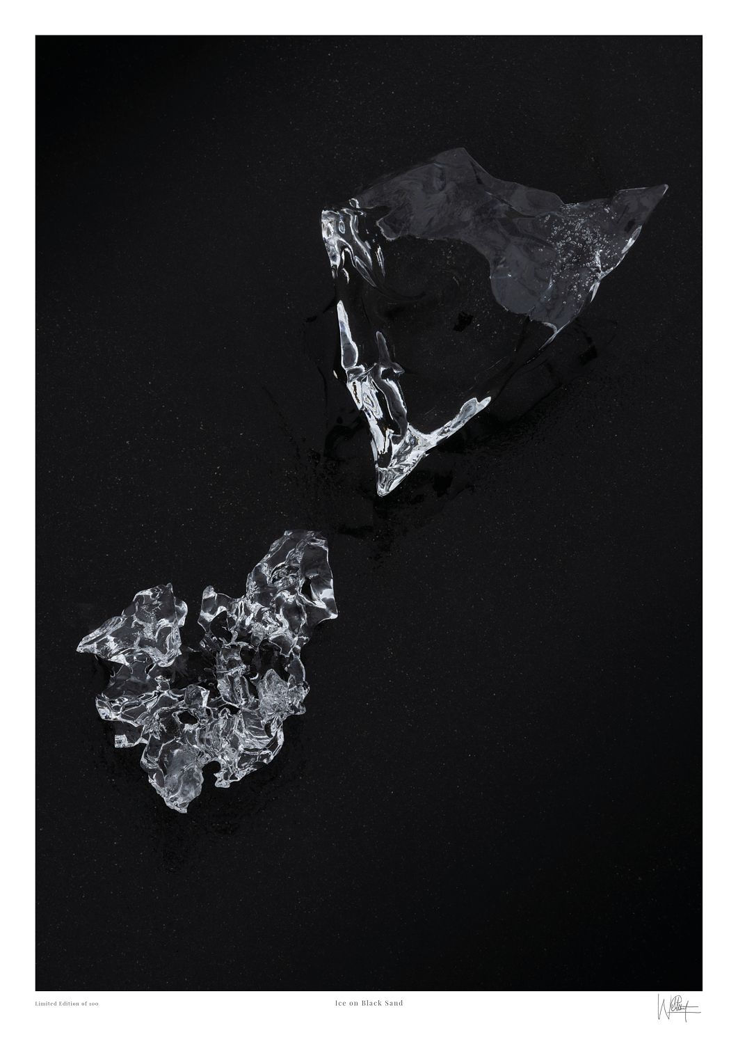 Limited edition giclée print of crystalline glacial ice shards on black volcanic sand in Iceland by Will Gray