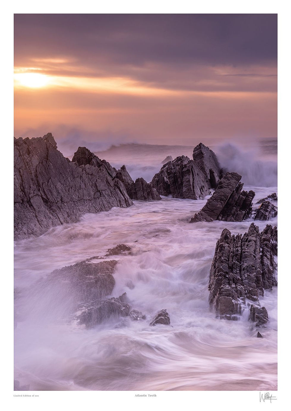 imited edition giclée coastal print of waves swirling around jagged shale ledges at Hartland Quay Devon by Will Gray