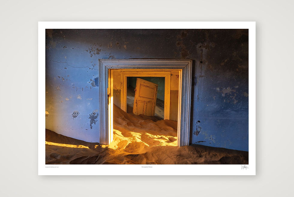 Thumbnail: Exhibition quality fine art print of windblown desert sand filling an abandoned room in Kolmanskop Namibia by Will Gray