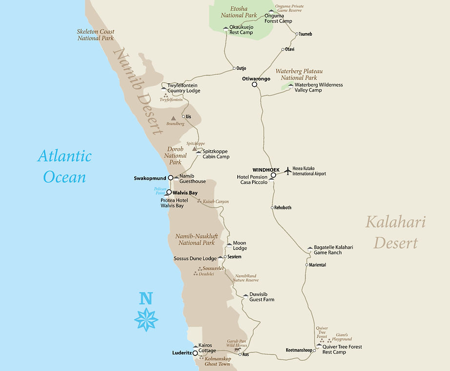 A map showing the route, highlights and accommodation on Will Gray's Namibia Photography Adventure. Starting in Windhoek, travel clockwise around the country, visiting the Quiver Tree Forest, Luderitz and Kolmanskop, Sossusvlei, Deadvlei and the Namib Desert, Walvis Bay, Swakopmund, Spitzkoppe, Twyfelfontein, Etosha National Park and the Waterberg Plateau.