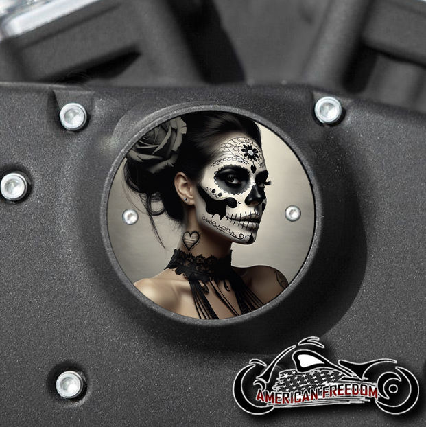 Thumbnail: Black Heart Sugar Skull design on a Harley Davidson 2 Hole Horizontal Sportster Timing Cover
