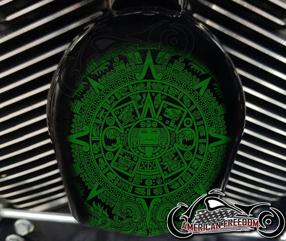 Thumbnail: Green Aztec Calendar design on a Harley Davidson Horn Cover