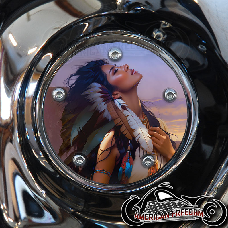 Native Sunset Woman design on a Harley Davidson 5 Hole Timing Cover