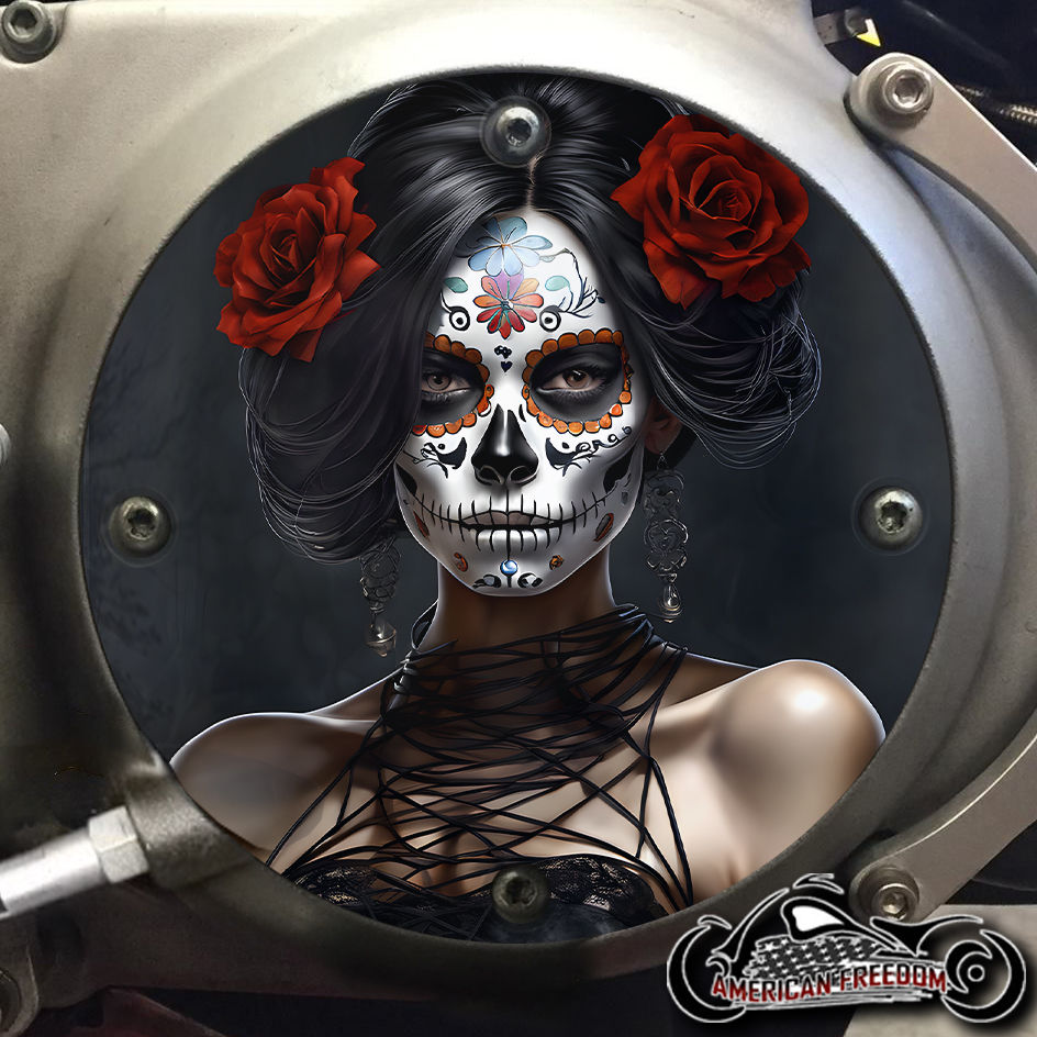Thumbnail: Senorita Sugar Skull design on a Harley Davidson 4 Hole Sportster Derby