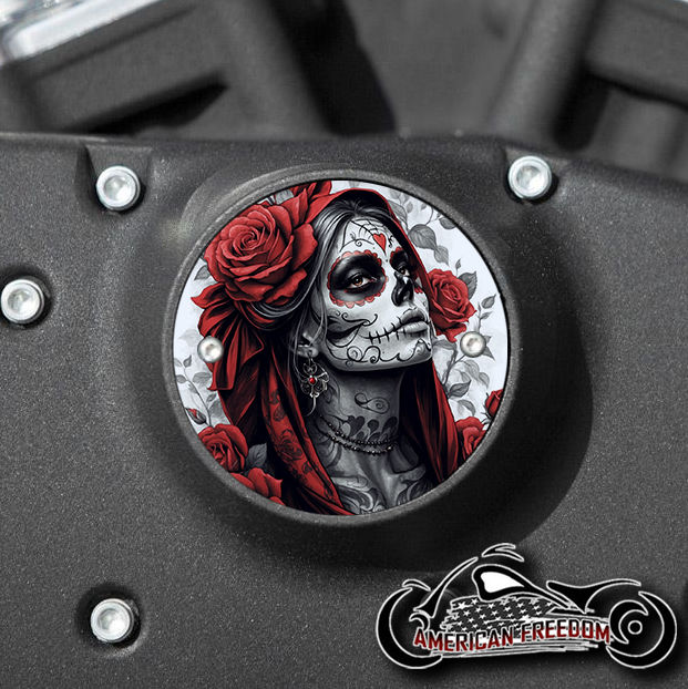 Thumbnail: Scarf Sugar Skull design on a Harley Davidson 2 Hole Horizontal Sportster Timing Cover