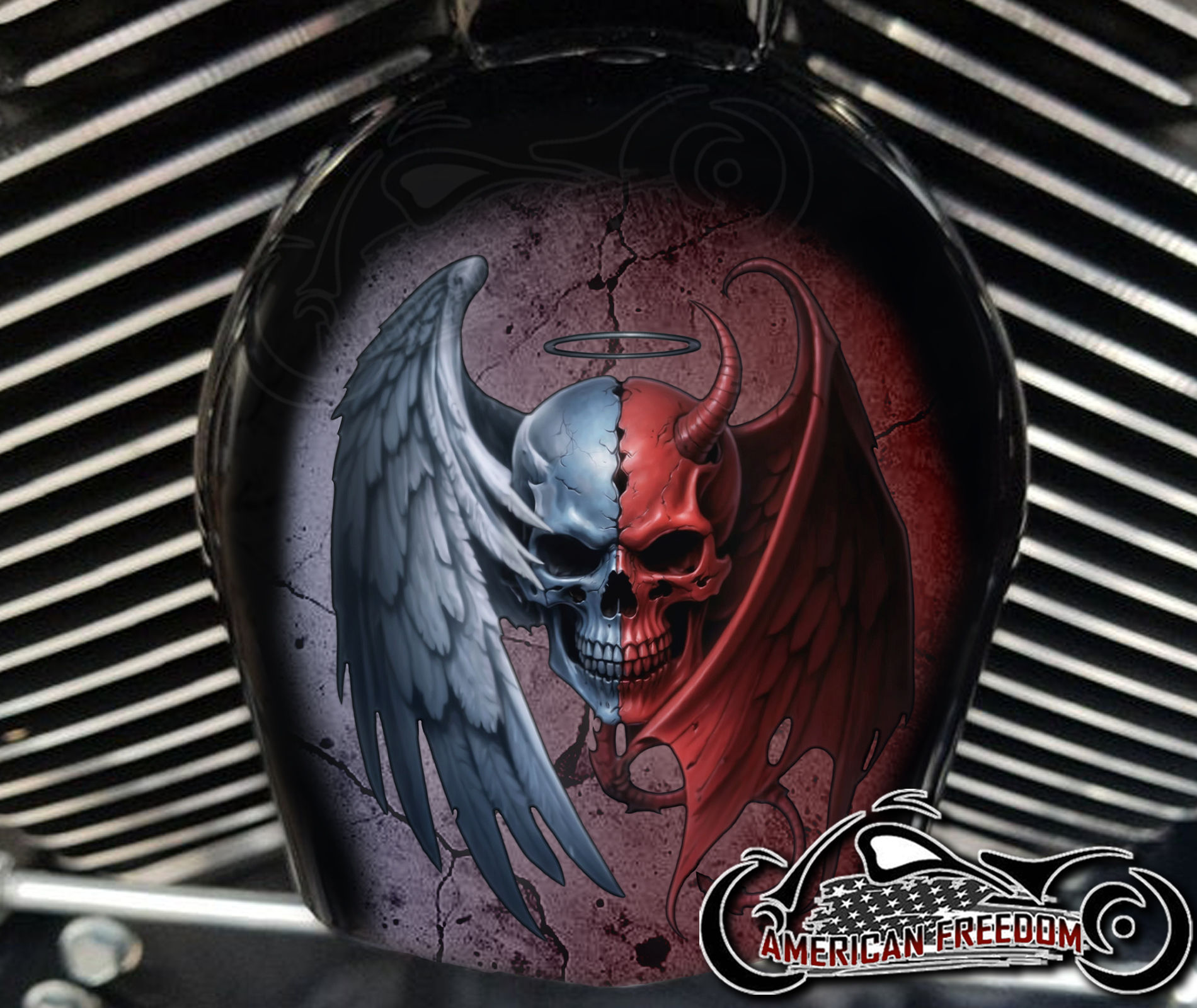Angel Devil Skull design on a Harley Davidson Horn Cover