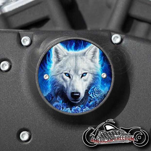 Thumbnail: Blue Rose Wolf design on a Harley Davidson 2 Hole Horizontal Timing