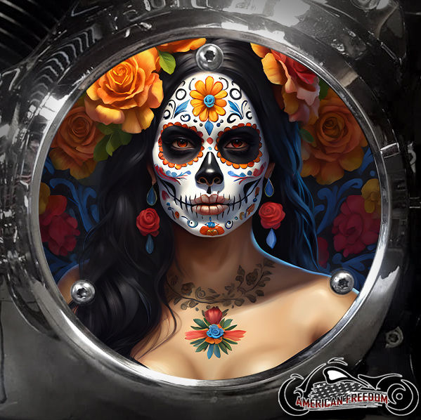 Thumbnail: Floral Sugar Skull design on a Harley Davidson 3 Hole Big Twin EVO Derby
