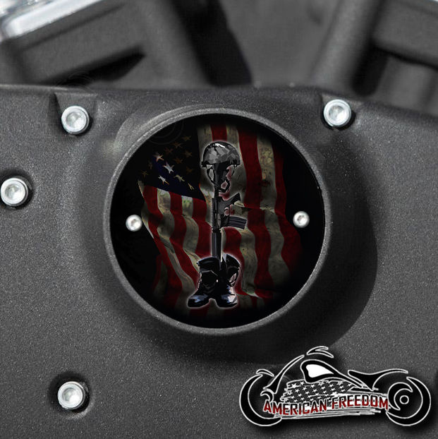 Thumbnail: Fallen Soldier Flag design on a Harley Davidson 2 Hole Horizontal Sportster Timing Cover