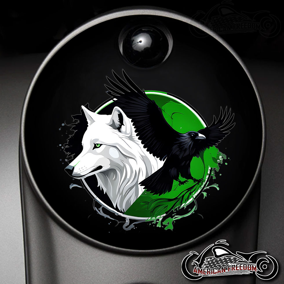 Thumbnail: Raven and Wolf Green design on a Harley Davidson Center Console Latch Fuel Door Cover