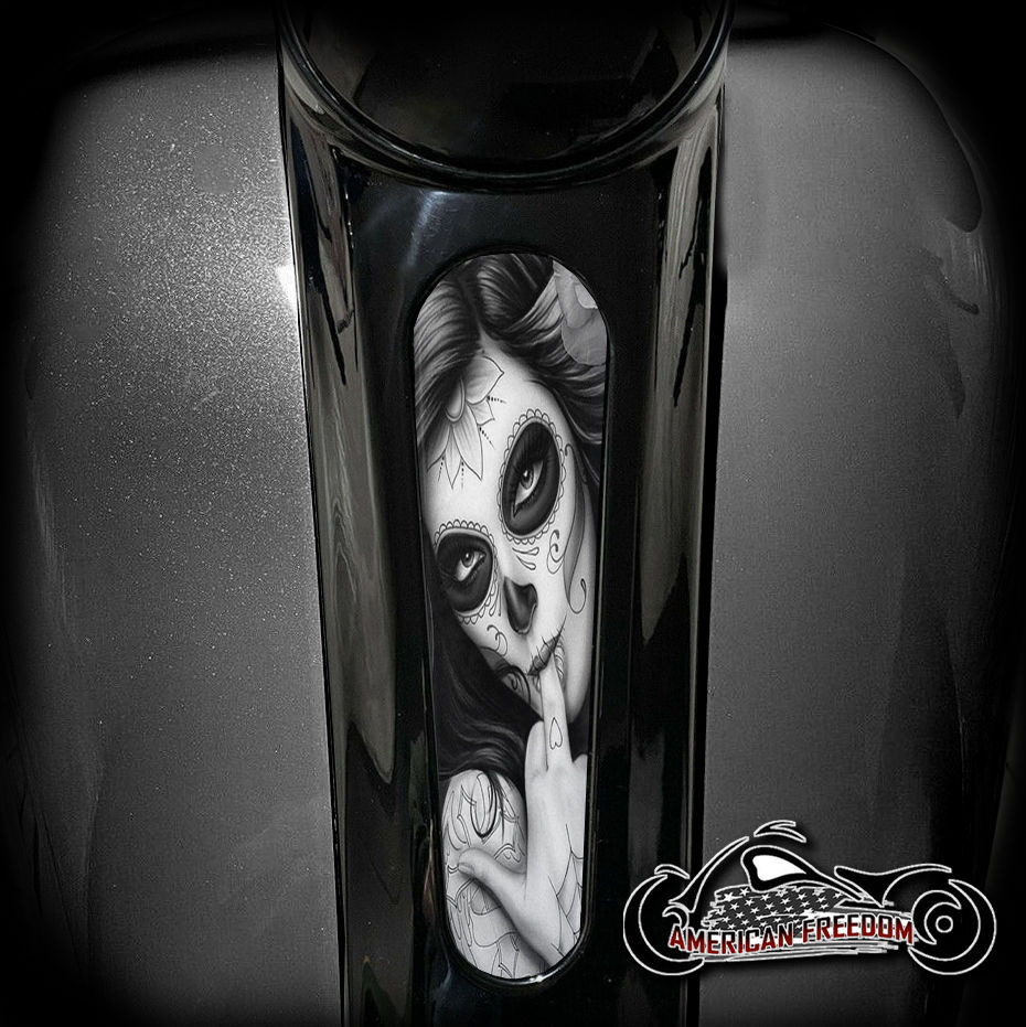 FU Day of the Dead Girl design on a Harley Davidson 8 inch Glide Dash Insert