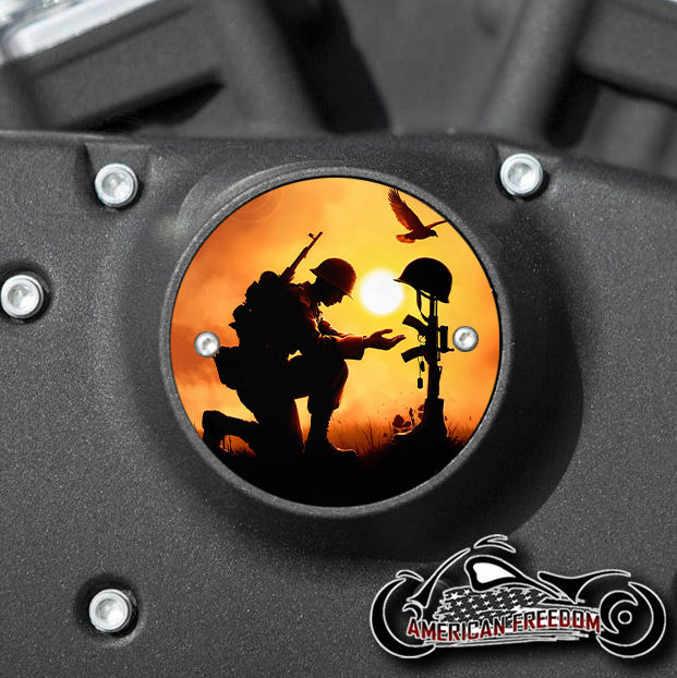 Thumbnail: Sunset Fallen Soldier design on a Harley Davidson 2 Hole Horizontal Sportster Timing Cover