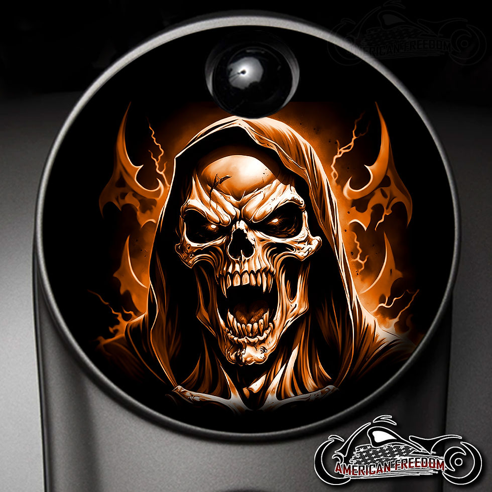 Thumbnail: Vampire Reaper orange design on a Harley Davidson Center Console Latch Fuel Door Cover