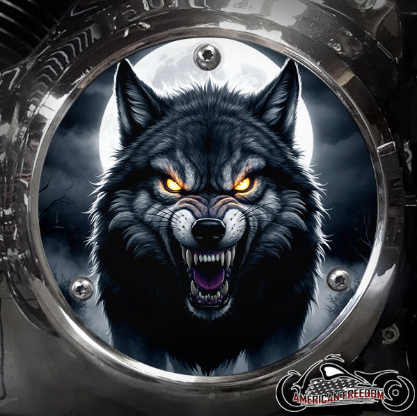 Thumbnail: Snarling Moon Wolf design on a Harley Davidson 3 Hole Big Twin Evo Derby Cover