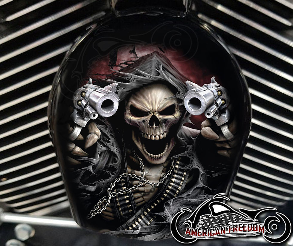 Gunslinger Reaper design on a Harley Davidson Horn Cover